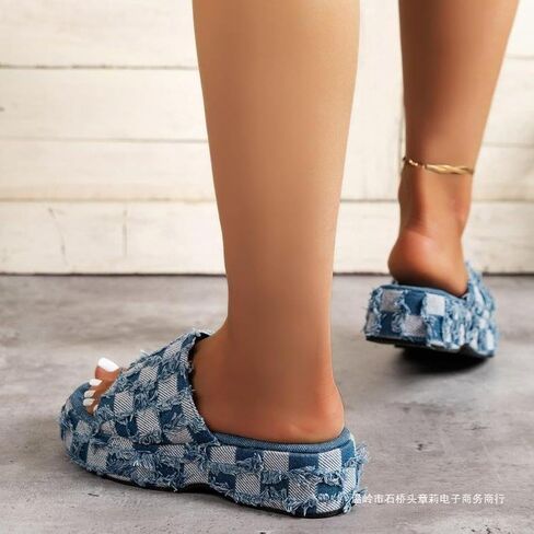 Denim Checkered Platform Women Blue Jeans Sandals Summer Thick Bottom Slides Comfy Casual Non-slips Slippers in Saudi Arabia