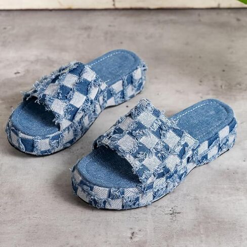 Denim Checkered Platform Women Blue Jeans Sandals Summer Thick Bottom Slides Comfy Casual Non-slips Slippers in Saudi Arabia