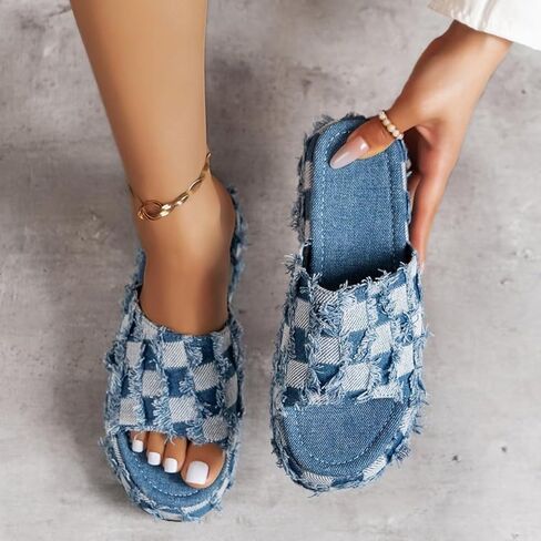 Denim Checkered Platform Women Blue Jeans Sandals Summer Thick Bottom Slides Comfy Casual Non-slips Slippers in Saudi Arabia