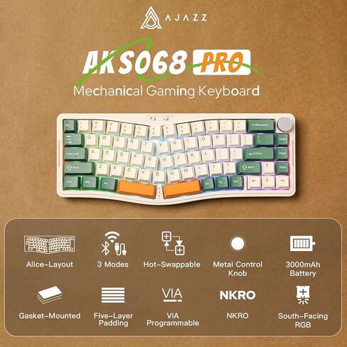 Ajazz AKS068 Pro 68 مفتاحًا Alice-Layout VIA لوحة مفاتيح ميكانيكية قابلة للبرمجة، BT5.1/2.4 جيجا هرتز/Type-C وضع ثلاثي، مع مقبض معدني، بطارية 3000 مللي أمبير في الساعة، مصابيح خلفية RGB لجهاز Mac/Win (أخضر) in Saudi Arabia