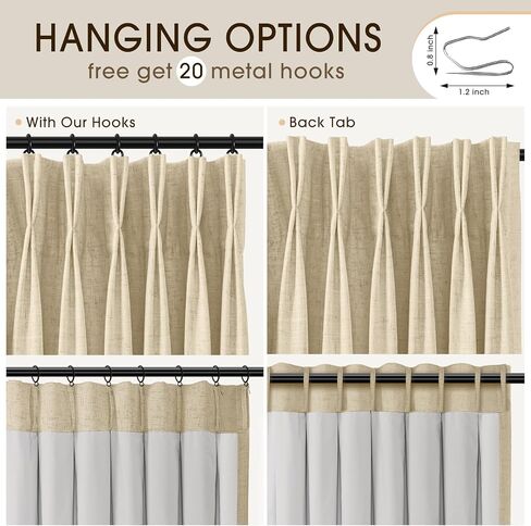 Linen Pinch Pleated Curtains Blackout 100% Black Out Curtains 96 Inch Long Pinch Pleat Curtains with Hooks, Thermal Insulated Back Tab Blackout Curtains for Bedroom, W40xL96, Beige White in Saudi Arabia
