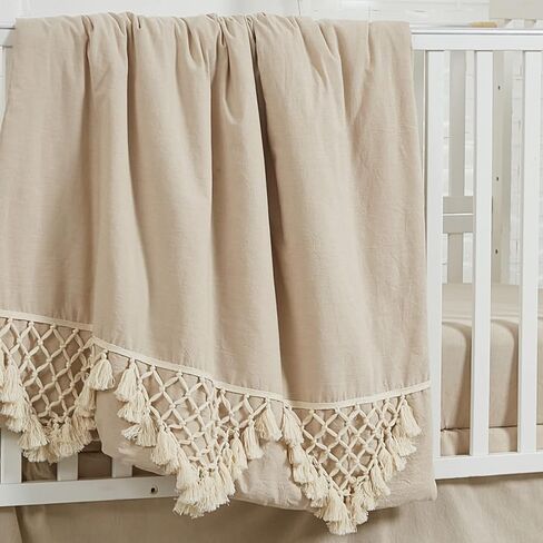Brandream Gender Neutral Boho Bohemian Baby Girl Boy Nursery Crib Bedding Set 3 Pieces Solid Beige Farmhouse Chic Unisex Minimalist Tassel Fringe Macrame Cozy 100% Cotton with Washed Craft Super Soft in Saudi Arabia