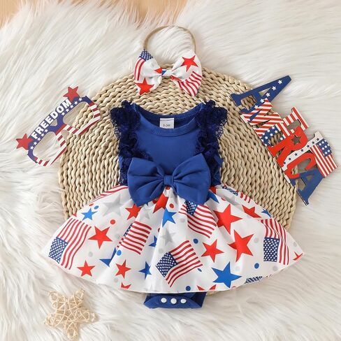 فستان رومبير بدون أكمام مطبوع عليه نجمة العلم الأمريكي للأطفال البنات في الرابع من يوليو، ملابس عتيقة لعيد الاستقلال in Kuwait