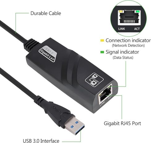 محول USB 3.0 إلى RJ45 Ethernet، محول شبكة 10/100/1000 Gigabit Ethernet LAN، متوافق مع Windows 10/8.1/8/7/XP/Vista وMac OS وLinux وChrome OS in Kuwait
