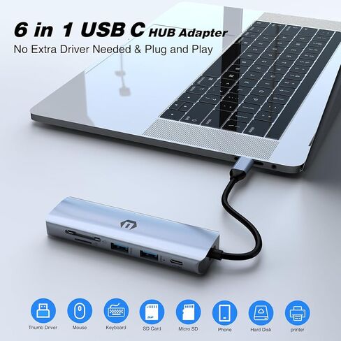 موزع USB C، محول متعدد المنافذ 6 في 1، 4K HDMI، 100 وات PD، 3 × USB 3.0، قارئ بطاقة SD/TF لأجهزة الكمبيوتر المحمولة والهواتف الذكية، متوافق مع أجهزة الكمبيوتر المحمولة USB C Dell/HP/Surface وأجهزة أخرى من النوع C in Kuwait