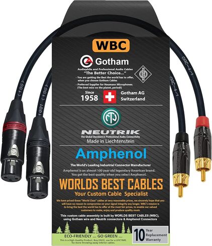 WORLDS BEST CABLES 0.5 Foot - RCA to XLR (Female) Cable Pair – Gotham GAC-4/1 (Black) Star-Quad Audio Interconnect Cable & Amphenol ACPL RCA & Neutrik Female XLR Gold Plugs - CUSTOM MADE in Saudi Arabia