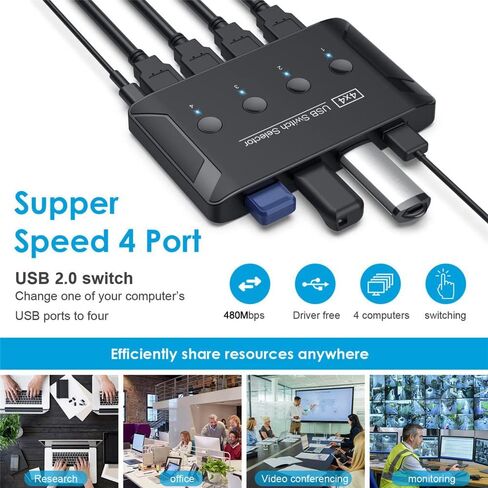 Xiwai KVM USB 2.0 محدد التبديل 4 منافذ أجهزة الكمبيوتر مشاركة 4 أجهزة للطابعة الماسح الضوئي لوحة المفاتيح والماوس in Saudi Arabia