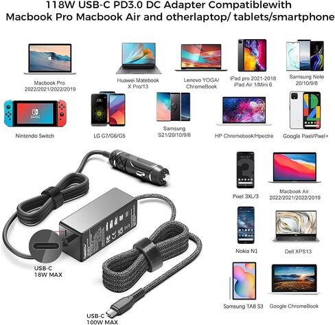for Acer HP Dell MSI Surface Pro USB C Laptop Car Charger 100W C Port Laptop Charger for MacBook Pro Air Lenovo Asus LG Gram Razer Samsung Chromebook PD3.0 96W 87W Auto 12V-24V DC Power Adapter in Kuwait