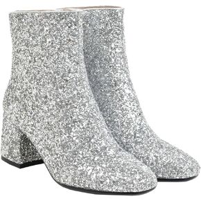 LUXMAX Women Glitter Ankle Boots Chunky Heel Square Closed Toe Sparkly Booties Block Heel Side Zip Winter Party Shoes