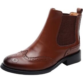 rismart Women's Brogue Wingtip Ankle High Slip on Comfort Genuine Leather Chelsea Boots