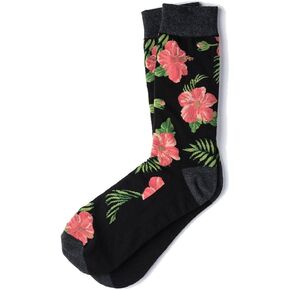 Men's Tropical Island Hibiscus Floral Flowers Crew Dress Socks (Black)