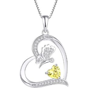 FJ Silver Heart Butterfly Necklace with 12 Color Birthstone for Women Girls