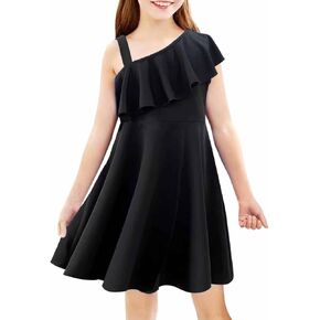 Big Girls Kids Sleeveless Asymmetrical Neck Ruffle Trim High Waist Flared A Line Party Dress,8-12 Years
