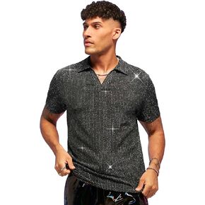 WDIRARA Men's Glitter Collar Rib Knit Short Sleeve Slim Fit Shirt Party Clubwear Tops