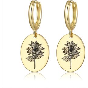 Birth Flower Earrings 18K Gold Engraved Birth Month Flower Dangle Earrings Charm Hand Stamped Floral Oval Hoop Earrings Personalized Flower Wishes Birthday Gift for Mum Friends
