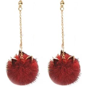 Fur Pom Pom Earrings Cute Cat Ears Pom Earrings for Women Long Chain Tassel Faux Fur Fluffy Drop Earrings Fashion Pom Ball Dangle Earrings Winter Jewelry Gift
