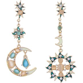 Vintage Asymmetrical Sun and Moon Drop Dangle Earrings Rhinestone Crystal Moonstone Crescent Star Long Stud Earrings Bohemian Exaggerated Luxury Statement Earrings for Women Girls Jewelry