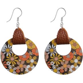 Fashion Hollow Wooden Flower Round Disc Statement Drop Dangle Earrings for Women Girls Dainty Retro Bohemian Wood Geometric Lightweight Hypoallergenic Silver Plated Sun Flowers Leather Hook Disk Charm Hanging Dangling Earring Elegant Y2K Jewelry Gifts Her