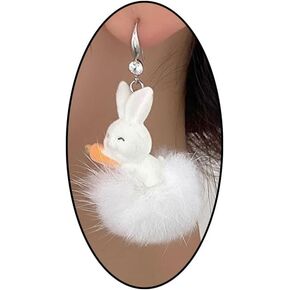 Cute Rabbit Fur Earrings White Rabbit Earrings Pom Pom Dangle Earrings Winter Fun Animals Pom Pom Warm Earrings for Women Girls