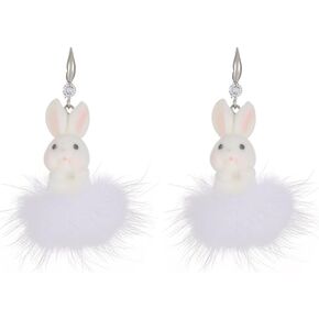 Cute Rabbit Fur Earrings White Rabbit Earrings Pom Pom Dangle Earrings Winter Fun Animals Pom Pom Warm Earrings for Women Girls