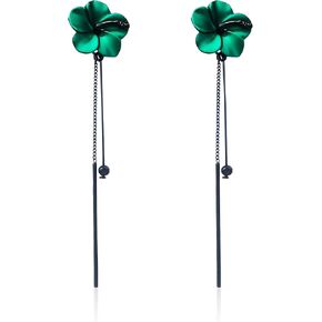 Chinese Trendy Red Green Poppy Flower Black Long Line Bar Tassel Earrings for Women Girls Charm Drop Dangle Earring Jewelry Elegant Statement