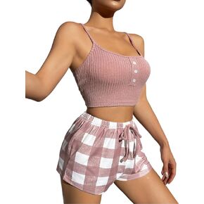 SHENHE Women's 2 Piece Sleeveless Button Crop Cami Top and Shorts Pajama Lounge Set