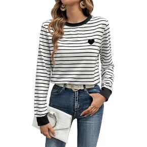 SweatyRocks Women's Striped Print Long Sleeve Round Neck Tee Heart Embroidery Pullover T Shirt