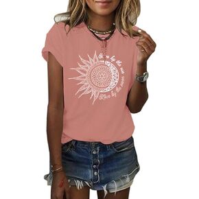 MaQiYa Womens Graphic Tees Summer Vintage Short Sleeve Cotton Moon and Sun Printed T Shirts Tops