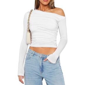 LOFAAC Women Sexy Off Shoulder Long Sleeve Crop Top Y2K Slim Fit Asymmetrical Pleat Ruched Cropped Tee Shirts Going Out