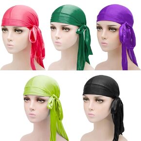 5 Pieces Silky Durag Caps, Elastic Long Tail Silky Durag Caps Head Wraps Soft Head Scarf for Women and Men (2)