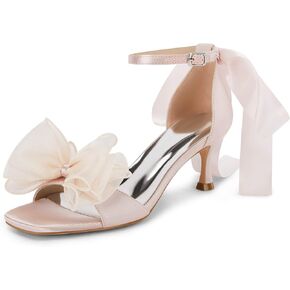 Coutgo Womens Bow Kitten Heels Sandals Square Open Toe Ankle Strap Satin Ribbon Wedding Dress Shoes