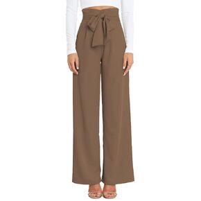 Womens Casual High Waist Belted Wide Leg Pants Long Palazzo Pants Business Work Trousers Pant