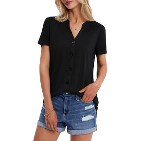 DJT Women's Summer Casual V Neck Blouses Plaid Short Sleeve Button Down Plaid Shirts Tops