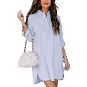 Zontroldy Shirt Dresses for Women Casual Loose Solid Striped Long Sleeve V Neck Button Down Shirts Dress