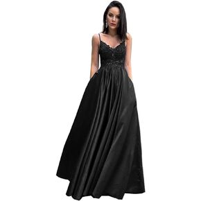 Satin V Neck Prom Dress Long with Pockets A Line Spaghetti Straps Appliques Evening Party Ball Gown