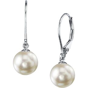 THE PEARL SOURCE White Japanese Akoya Real Pearl Earrings for Women - 14k Gold Leverback Earrings | Hypoallergenic Earrings with Genuine Cultured Pearls, 7.5-9.0mm