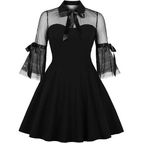 Gothic Dress for Women Vintage Sheer Mesh 3/4 Flared Sleeve A-line Cocktail Evening Party Prom Homecoming Dress