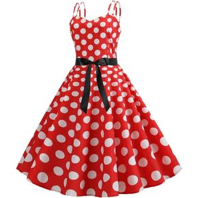 Womens Vintage Polka Dots Spaghetti Strap Rockabilly Retro Swing Audrey Hepburn 50's 60's Party Dress