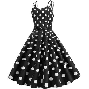 Womens Vintage Polka Dots Spaghetti Strap Rockabilly Retro Swing Audrey Hepburn 50's 60's Party Dress