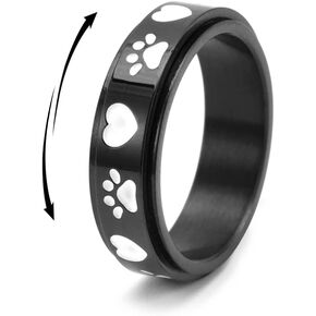 Lovely Dogs Paw Print Fidget Ring Stress Relieving Anti Spinner Rotate Freely Cute Animal Black Stainless Steel Promise Love Engagement Wedding Jewelry Birthday Xmas Valentine's Day Gift for Women Girls Men Boredom ADHD Autism Anxiety Bands