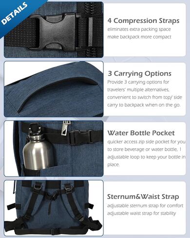 حقيبة ظهر Hynes Eagle للسفر سعة 40 لترًا معتمدة من الطيران حقيبة ظهر للرجال بمقصورة كبيرة لعطلة نهاية الأسبوع للكمبيوتر المحمول للنساء مقاس 15.6 بوصة باللون الأزرق والرمادي in Kuwait