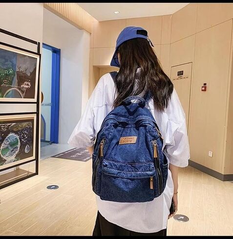 Denim Backpack for Women Men Vintage Grunge Backpack Blue Jeans Laptop Backpack Retro Rucksack for Travel Work (Blue,One Size) in Saudi Arabia