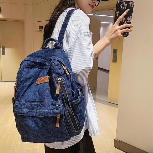 Denim Backpack for Women Men Vintage Grunge Backpack Blue Jeans Laptop Backpack Retro Rucksack for Travel Work (Blue,One Size) in Saudi Arabia