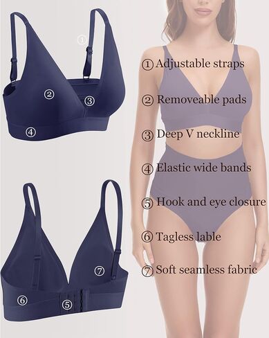 FINETOO حمالات صدر لاسلكية للنساء مثير عميق الخامس الرقبة مثلث مبطن Bralette أشرطة قابلة للتعديل حمالة صدر غير مرئية يغرق Bralettes البحرية in Kuwait