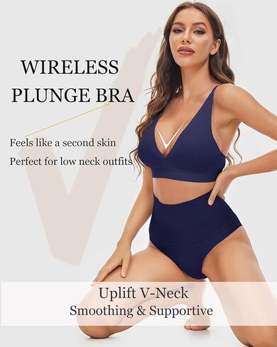 FINETOO حمالات صدر لاسلكية للنساء مثير عميق الخامس الرقبة مثلث مبطن Bralette أشرطة قابلة للتعديل حمالة صدر غير مرئية يغرق Bralettes البحرية in Kuwait