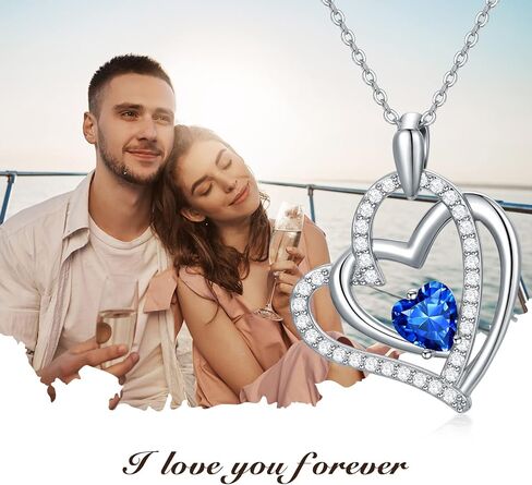 PROESS Mothers Day Gifts Sterling Silver Double Heart Necklace for Women Girls 12 Month Birthstone Heart Necklace Birthday Valentines Christmas Jewelry Gift for Mother Friends Sisters in Saudi Arabia