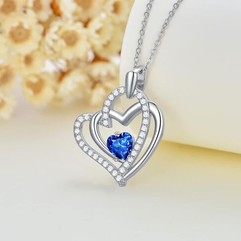 PROESS Mothers Day Gifts Sterling Silver Double Heart Necklace for Women Girls 12 Month Birthstone Heart Necklace Birthday Valentines Christmas Jewelry Gift for Mother Friends Sisters in Saudi Arabia