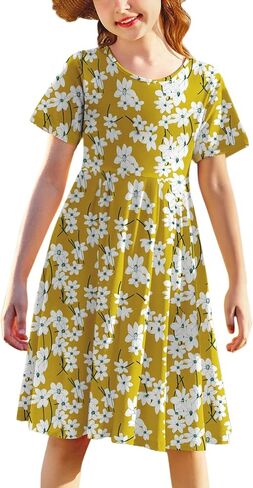 Arshiner Girls Floral Dress Short Sleeve Summer Dresses Skater Twirl Sundress for Girls 4-13 Years in Saudi Arabia