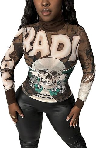 SOLY HUX Women's Y2k Mesh Tee Crop Tops Letter Skull Graphic Turtleneck Long Sleeve T Shirts in Saudi Arabia