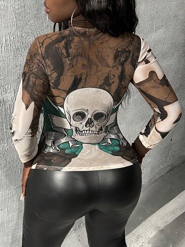 SOLY HUX Women's Y2k Mesh Tee Crop Tops Letter Skull Graphic Turtleneck Long Sleeve T Shirts in Saudi Arabia